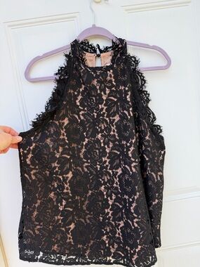 eesome Black Lace Halter Shell Top with Nude Lining